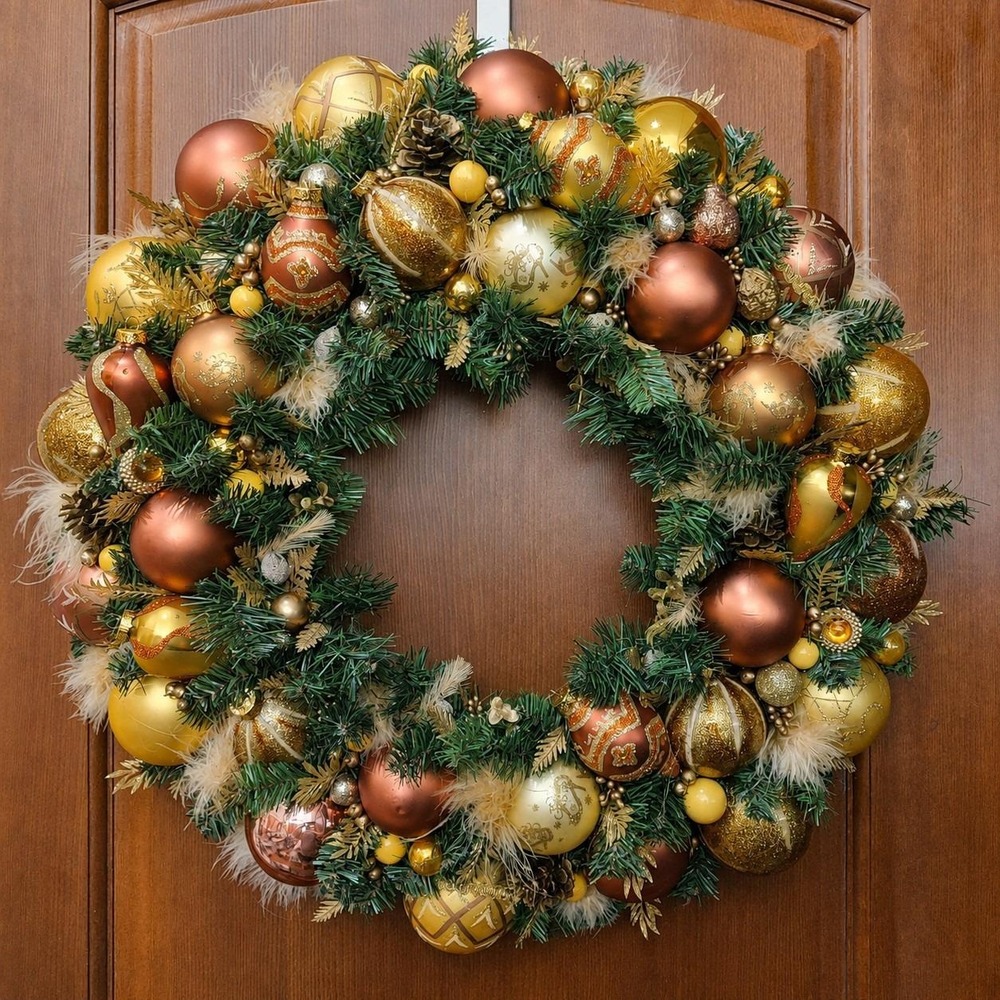 Christmas Ornament Wreath OOAK Handmade Tinsel 24" Holiday Decor Gold Yellow